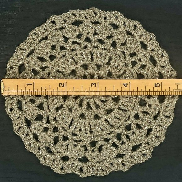 Handmade Crochet Boho Doily Puff Dark Tan Sparkles Decor Plant Pot Coaster 5.5" - Picture 2 of 6